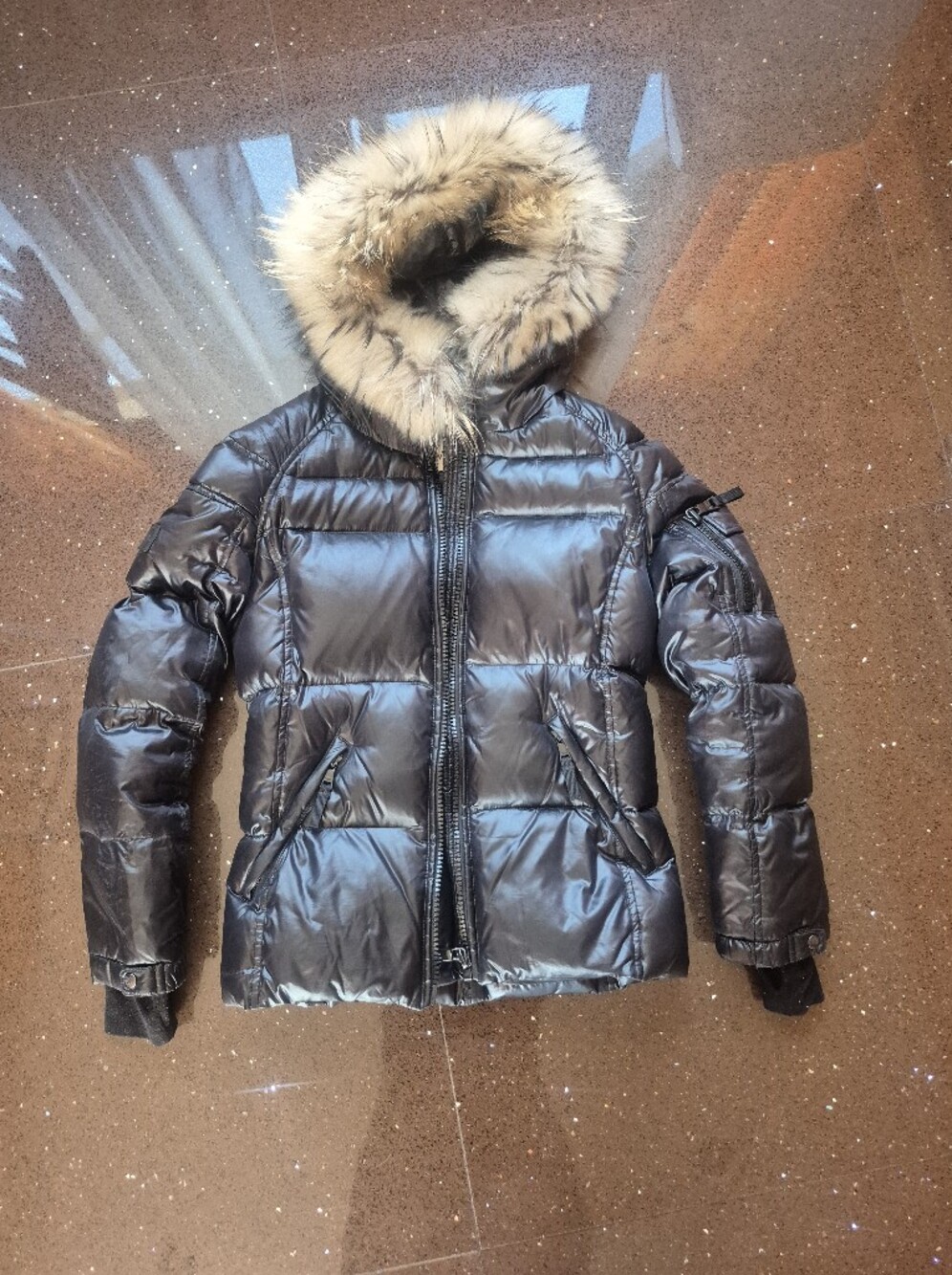 SAM. Women's Black Shiny Puffer Jacket with Fur-Trim Hood